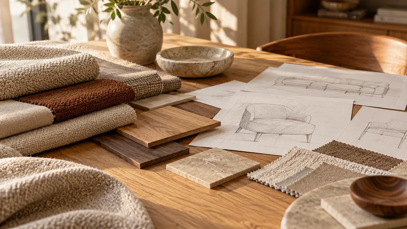 Illustrative furniture design sketches and material samples