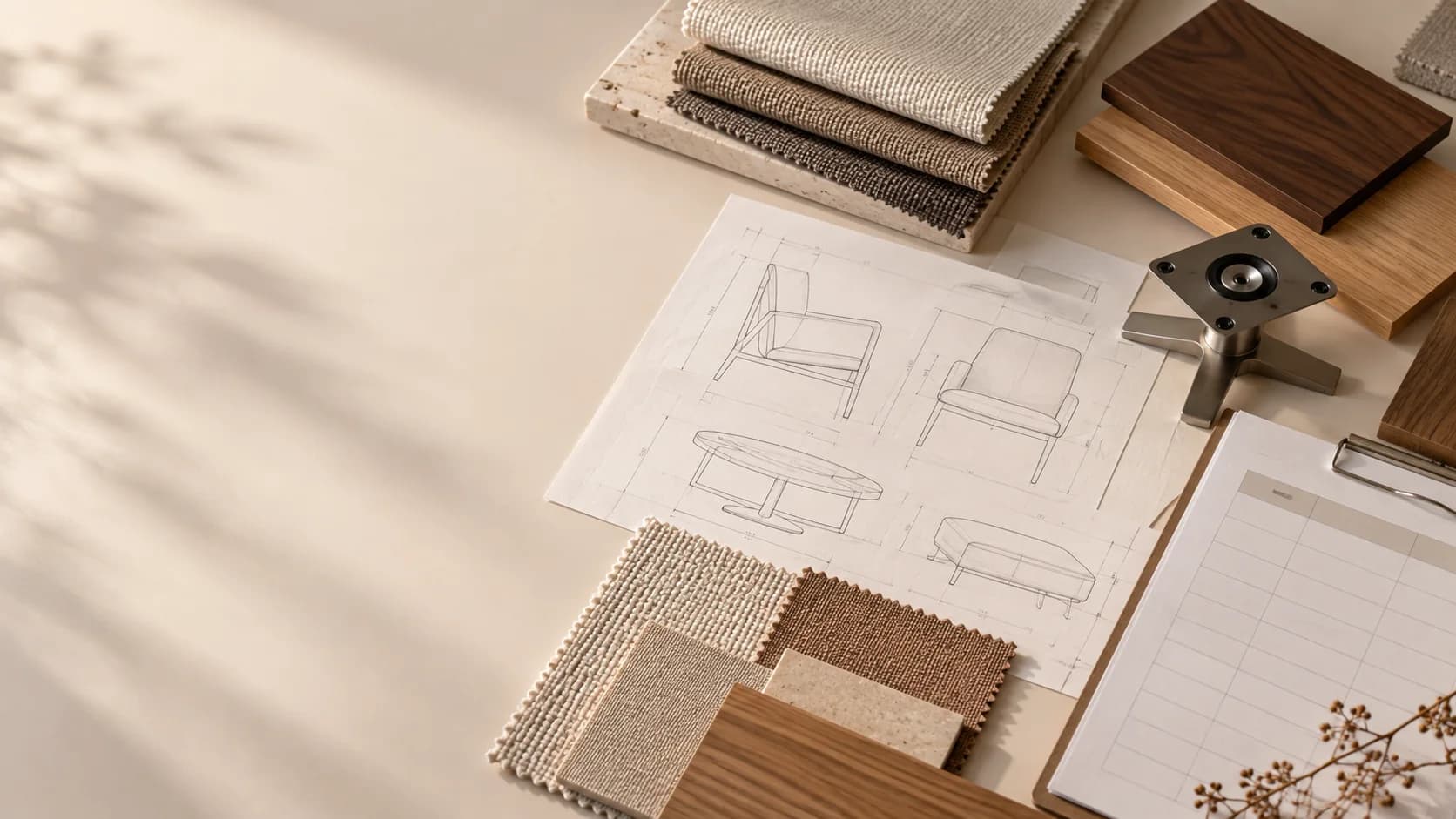 Illustrative furniture drawings, upholstery swatches and material samples on a desk