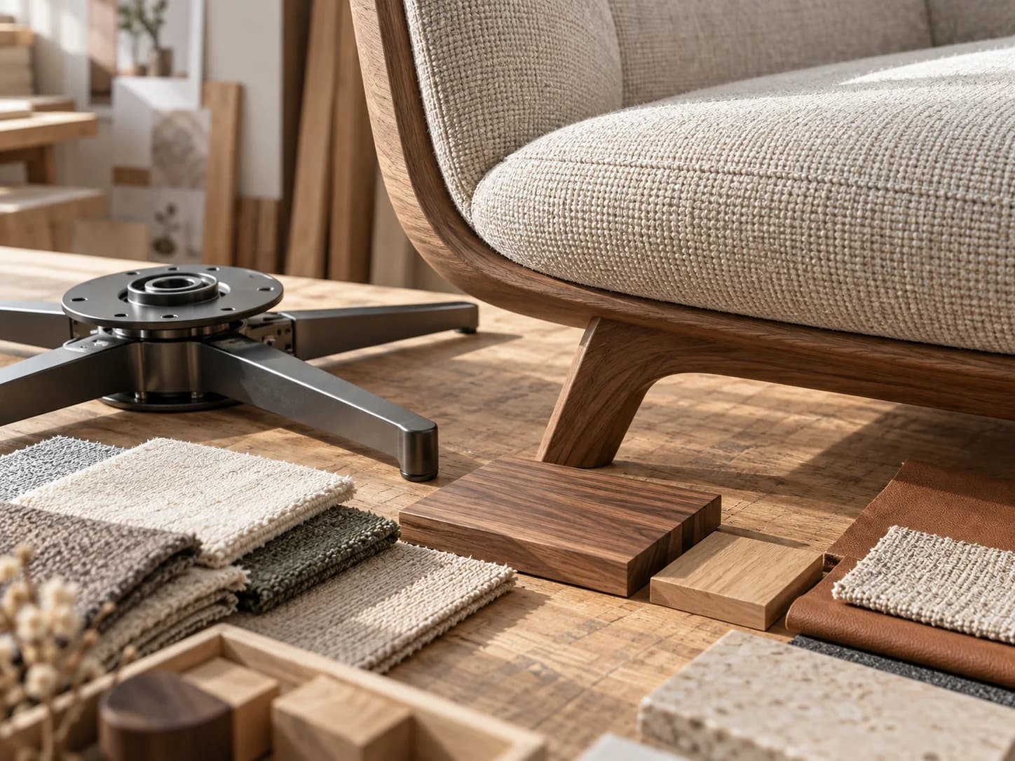 Illustrative furniture upholstery, timber and swivel component samples