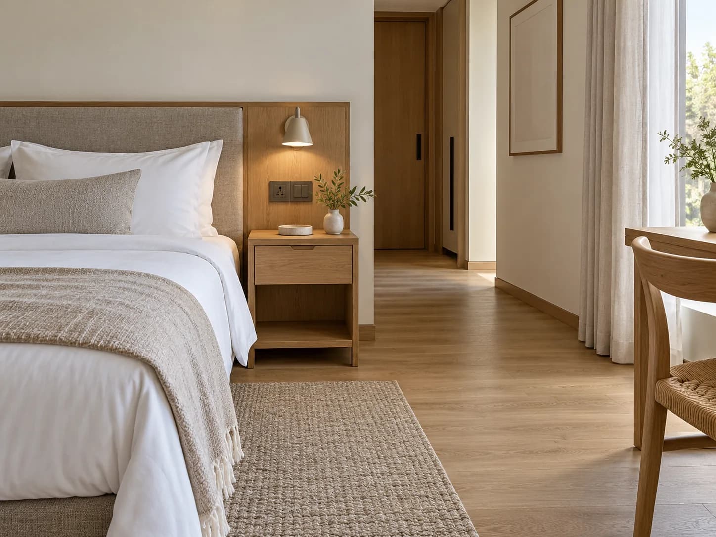 Illustrative hotel guestroom showing bedside furniture and circulation space