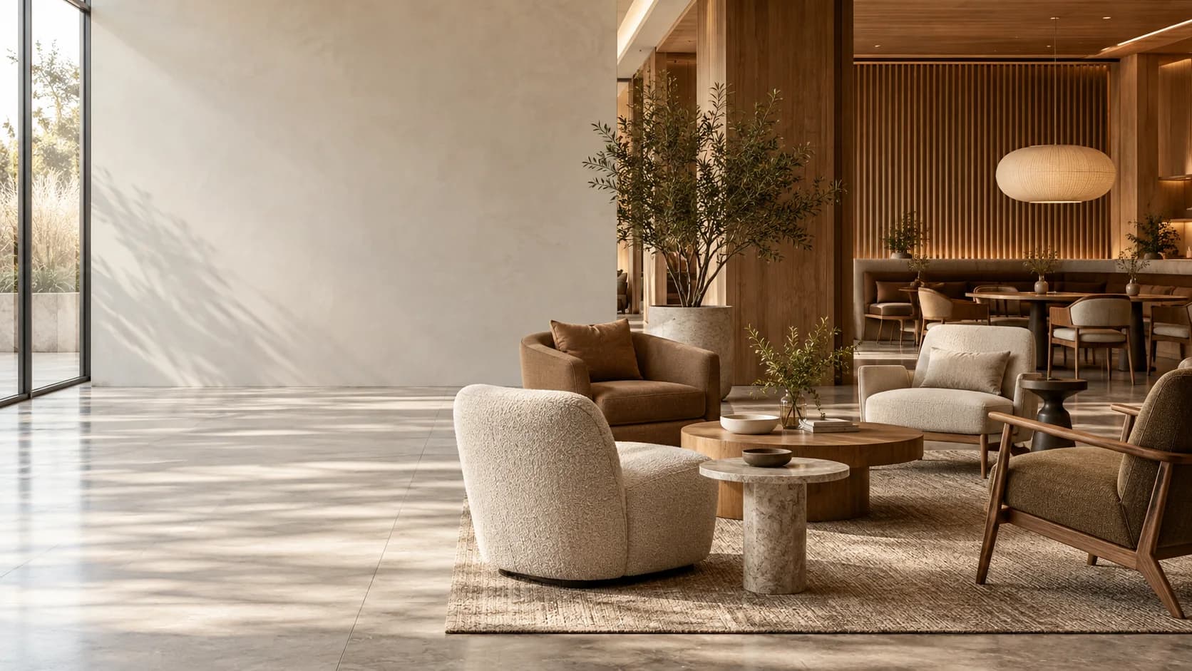 Illustrative boutique hotel lounge with coordinated seating and tables