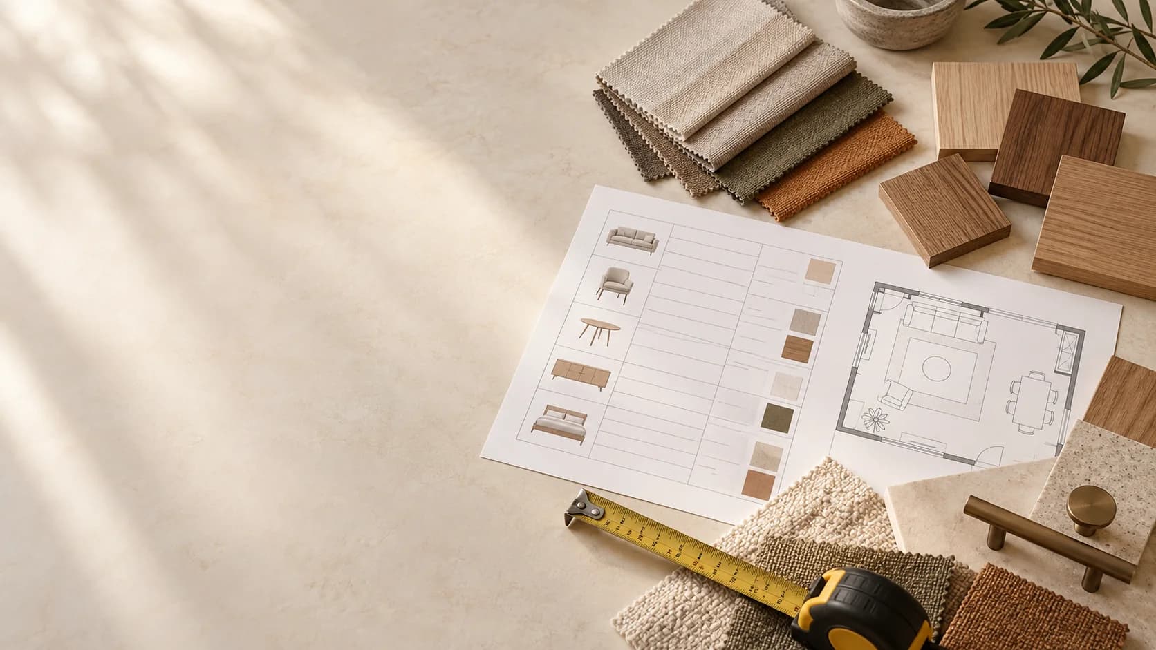 Illustrative furniture RFQ item schedule, room plan and finish samples