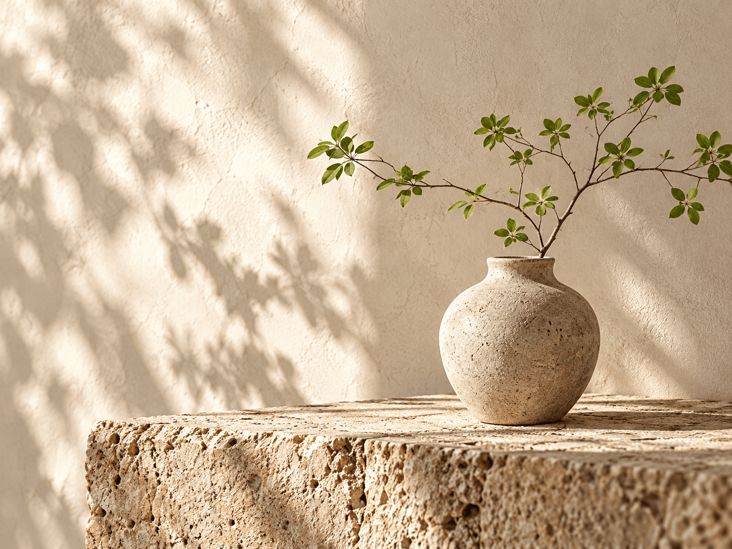 Ceramic vase and branches in warm natural light